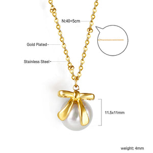 Bow + white pearl pendant necklace 40+5cm