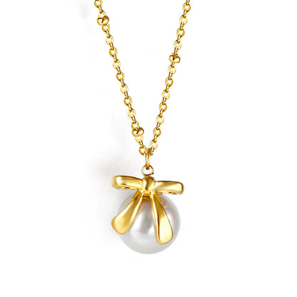 Bow + white pearl pendant necklace 40+5cm asonjewelry