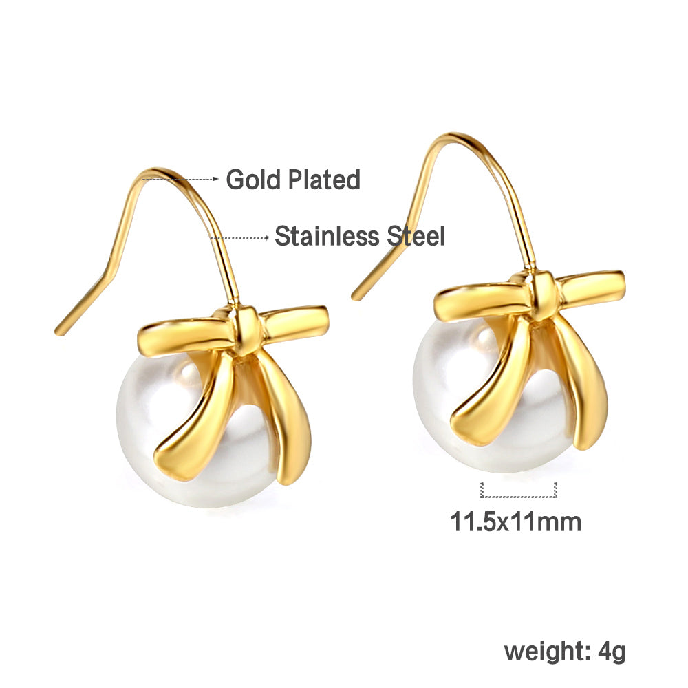 Bow + white pearl earrings 18k gold asonjewelry