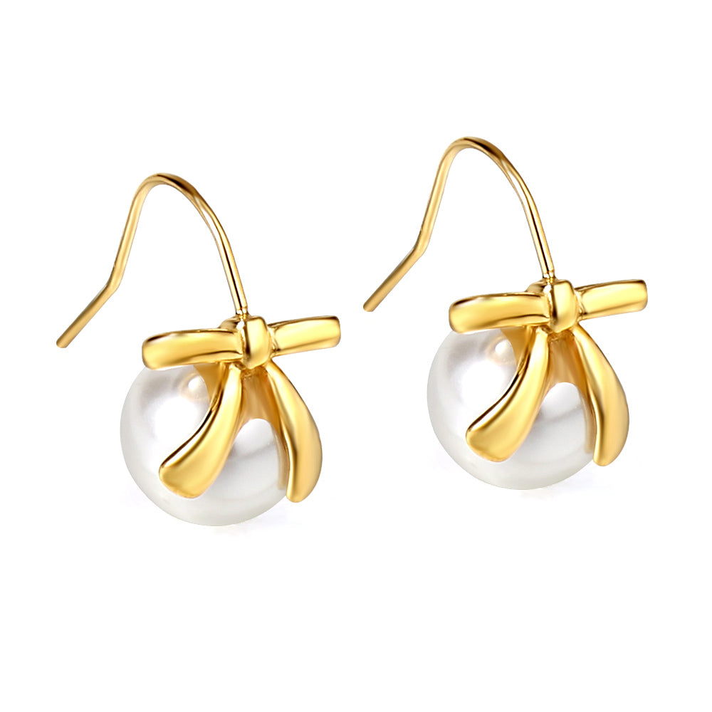 Bow + white pearl earrings 18k gold asonjewelry