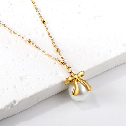 Bow + white pearl pendant necklace 40+5cm asonjewelry