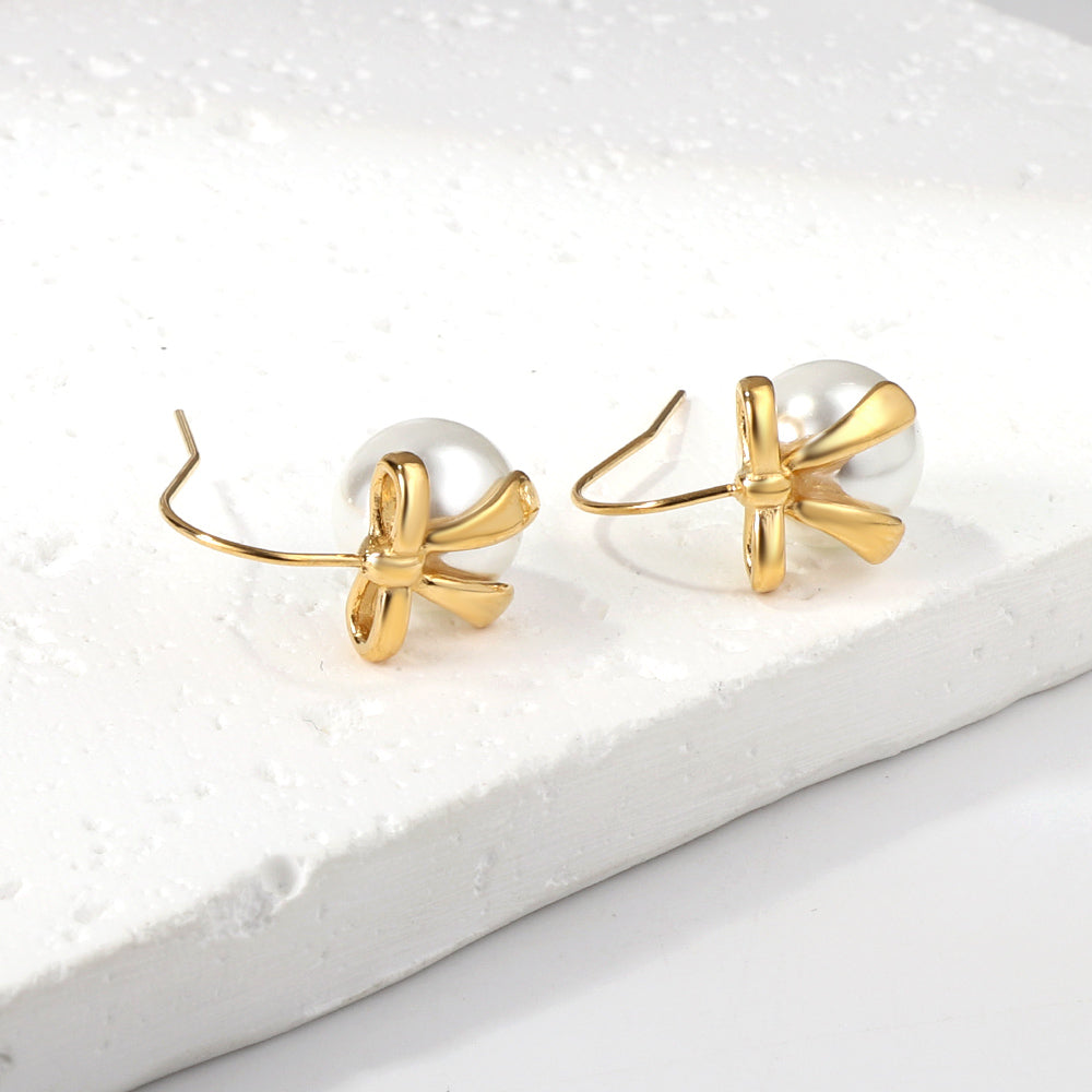 Bow + white pearl earrings 18k gold asonjewelry