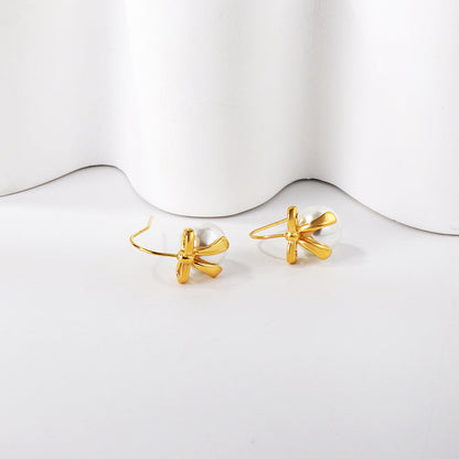 Bow + white pearl earrings 18k gold asonjewelry