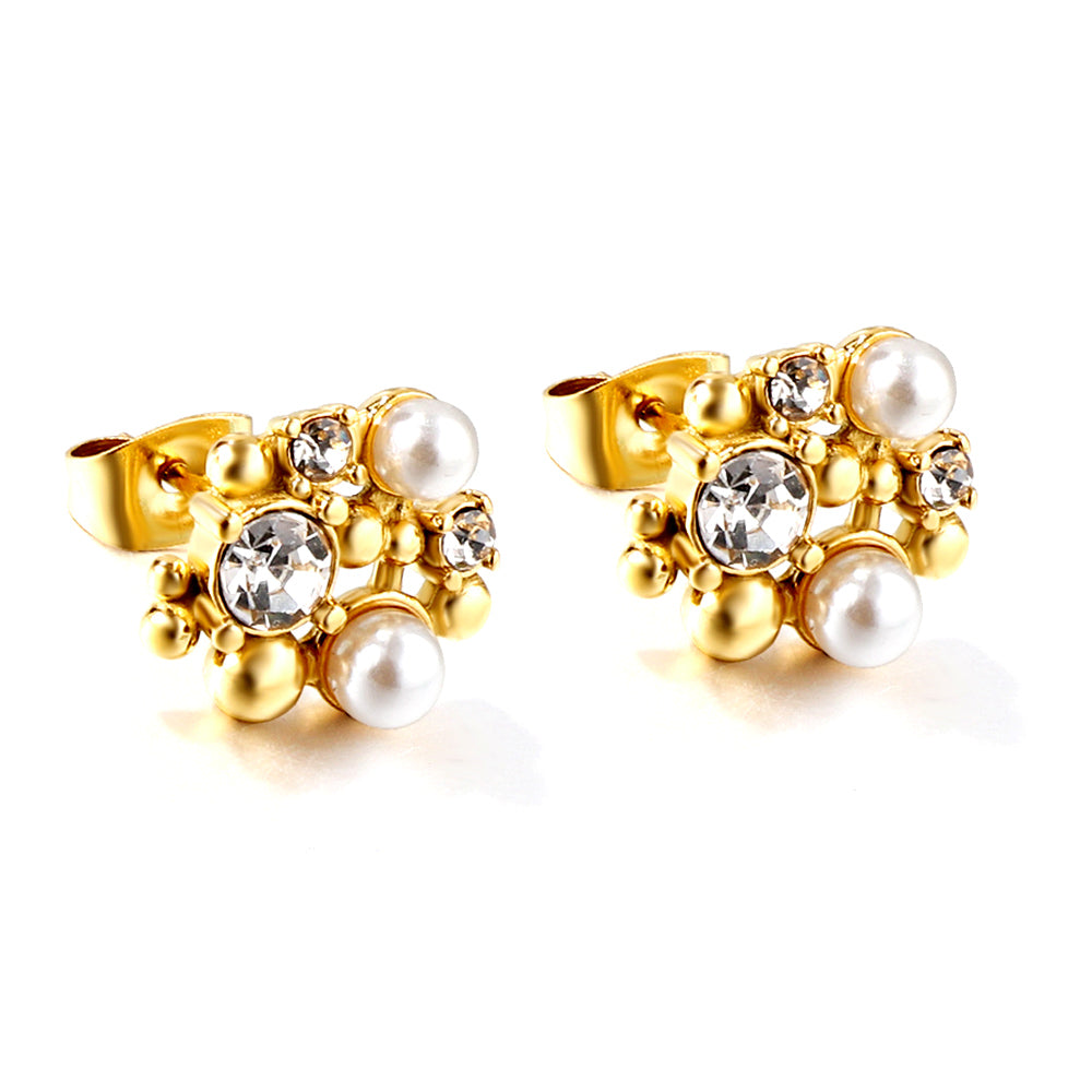 Shaped with steel beads + white diamonds + white pearl earrings 18k gold asonjewelry
