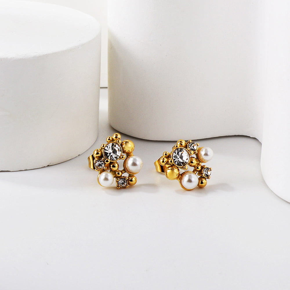 Shaped with steel beads + white diamonds + white pearl earrings 18k gold asonjewelry