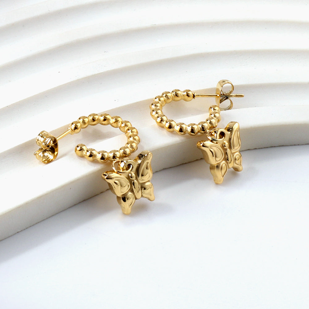 Steel ball open circle with butterfly earrings 18k gold asonjewelry