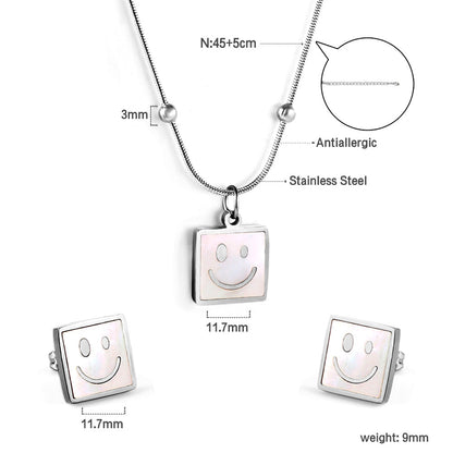 Square White Shell with Smiley Face Set Steel/Gold asonjewelry