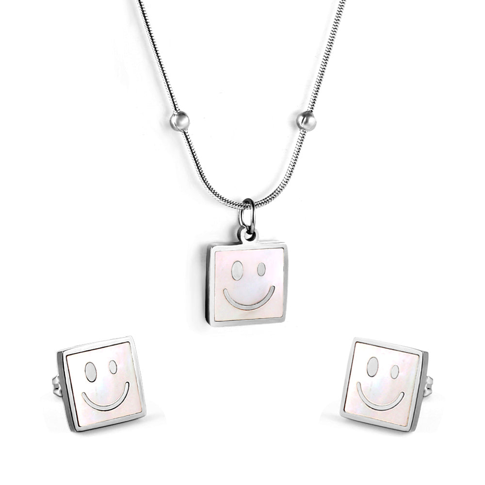 Square White Shell with Smiley Face Set Steel/Gold asonjewelry