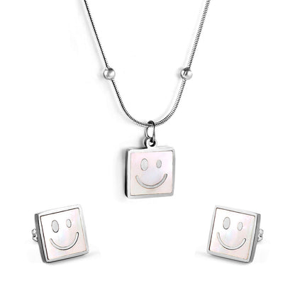 Square White Shell with Smiley Face Set Steel/Gold asonjewelry