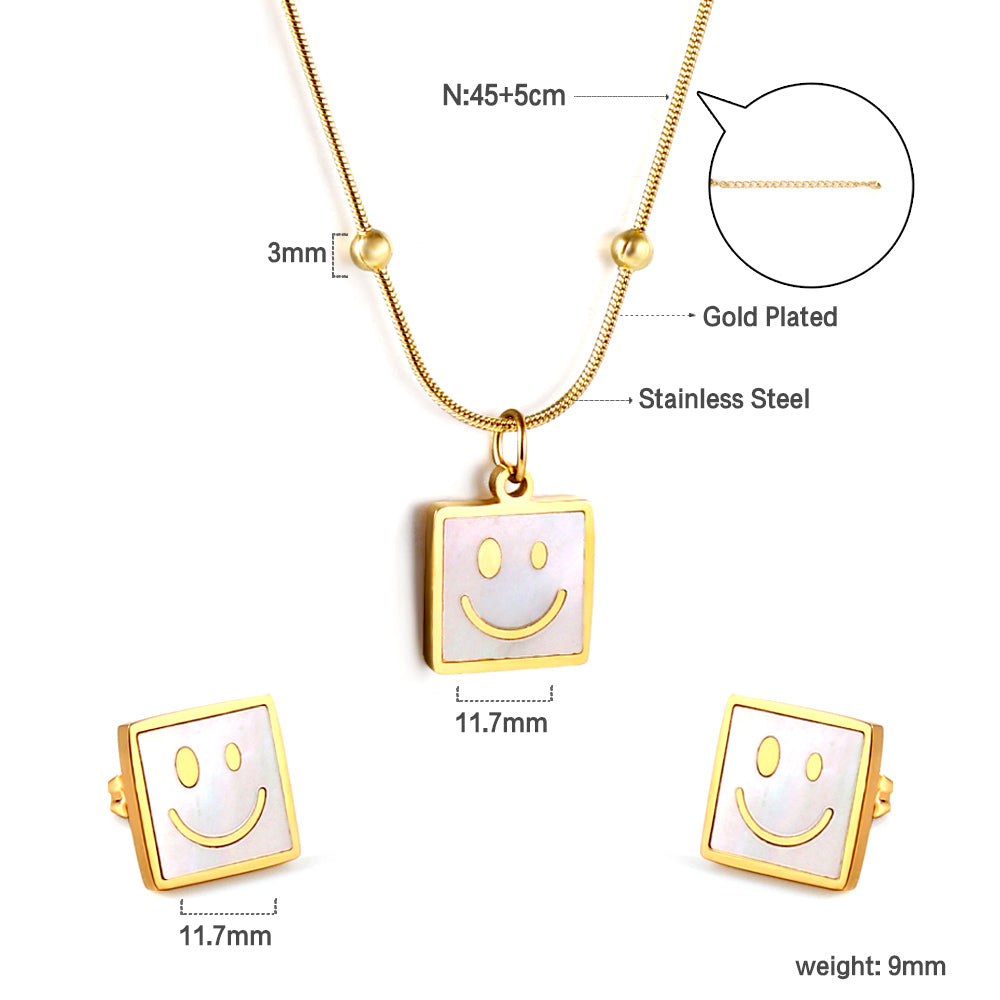 Square White Shell with Smiley Face Set Steel/Gold asonjewelry