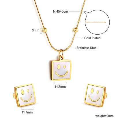 Square White Shell with Smiley Face Set Steel/Gold asonjewelry