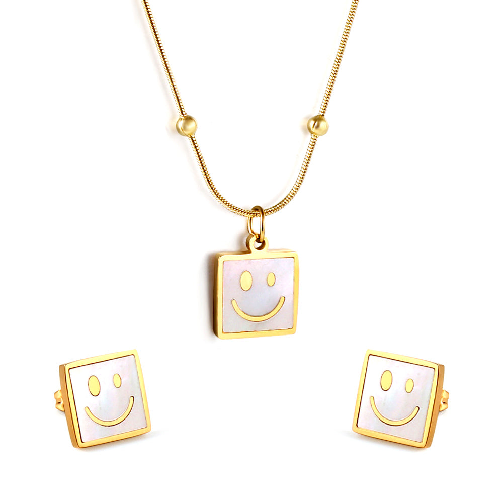 Square White Shell with Smiley Face Set Steel/Gold asonjewelry