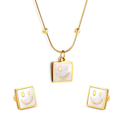 Square White Shell with Smiley Face Set Steel/Gold asonjewelry
