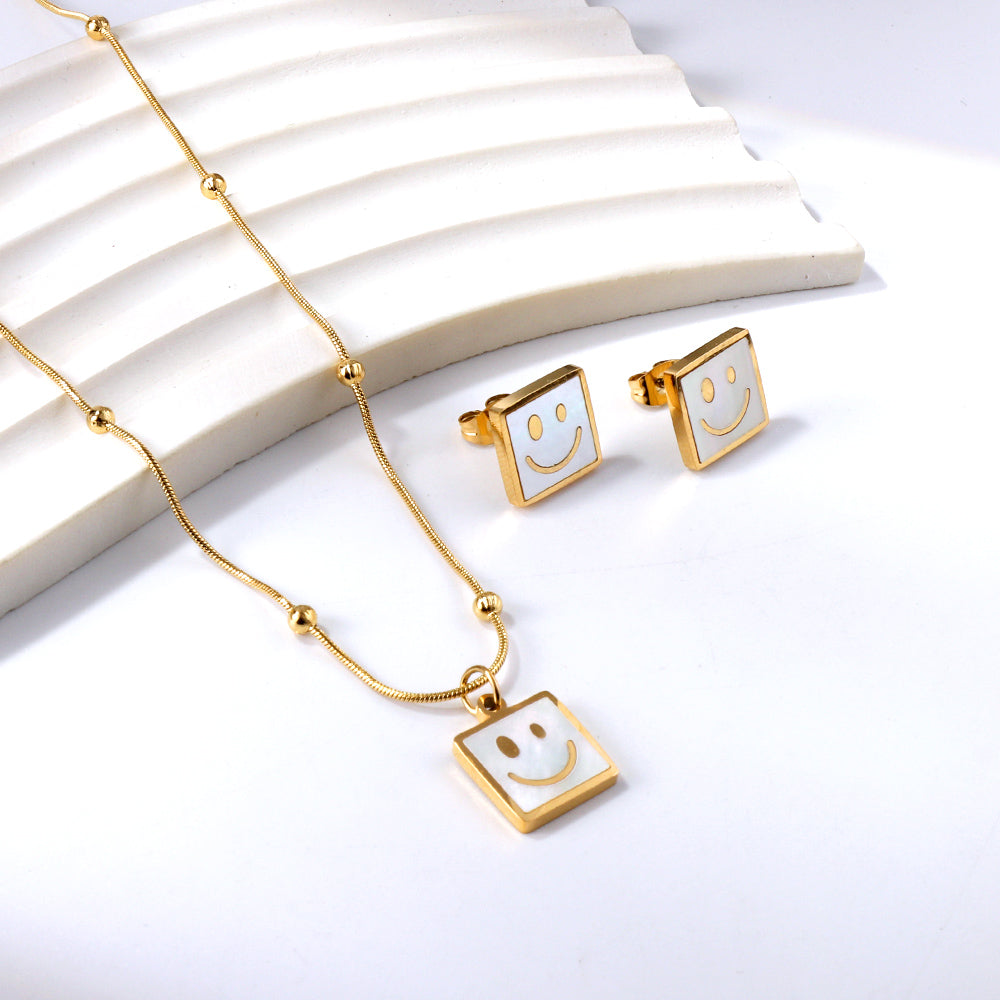 Square White Shell with Smiley Face Set Steel/Gold asonjewelry