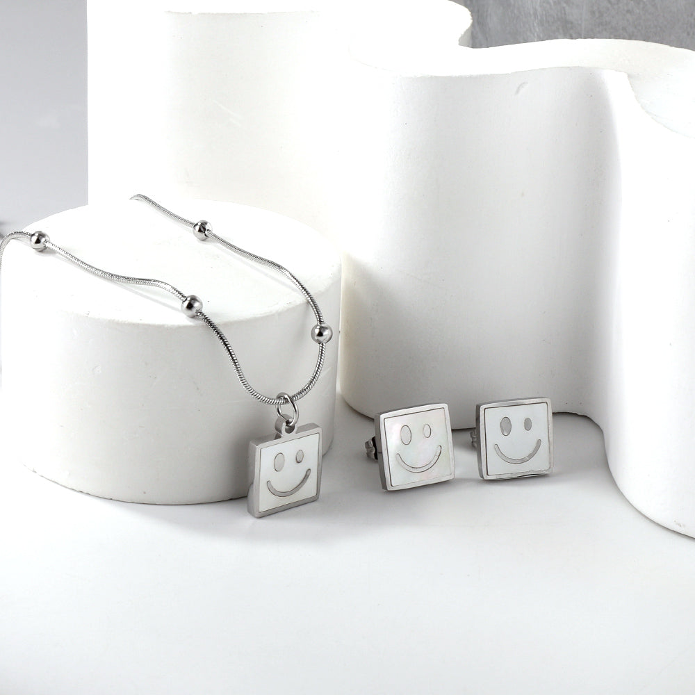 Square White Shell with Smiley Face Set Steel/Gold asonjewelry