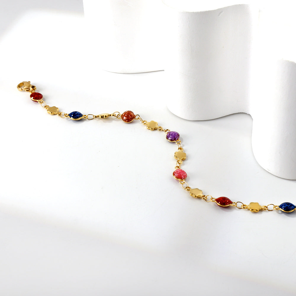 7 mixed color gold sand stones + 6 peach blossom accessories pendant bracelet 17+3cm asonjewelry