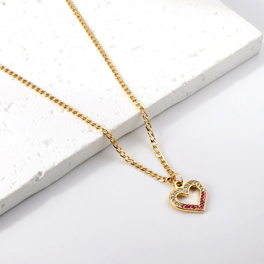 Heart Ring with Mixed Color Diamond Pendant Necklace 44+5cm asonjewelry