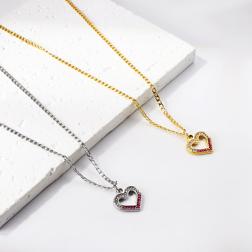 Heart Ring with Mixed Color Diamond Pendant Necklace 44+5cm asonjewelry