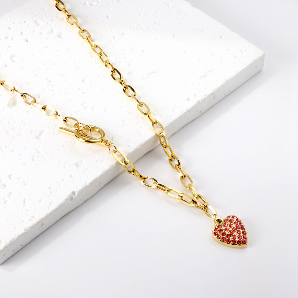 Heart with Rose Diamonds Pendant Necklace 45cm Gold asonjewelry