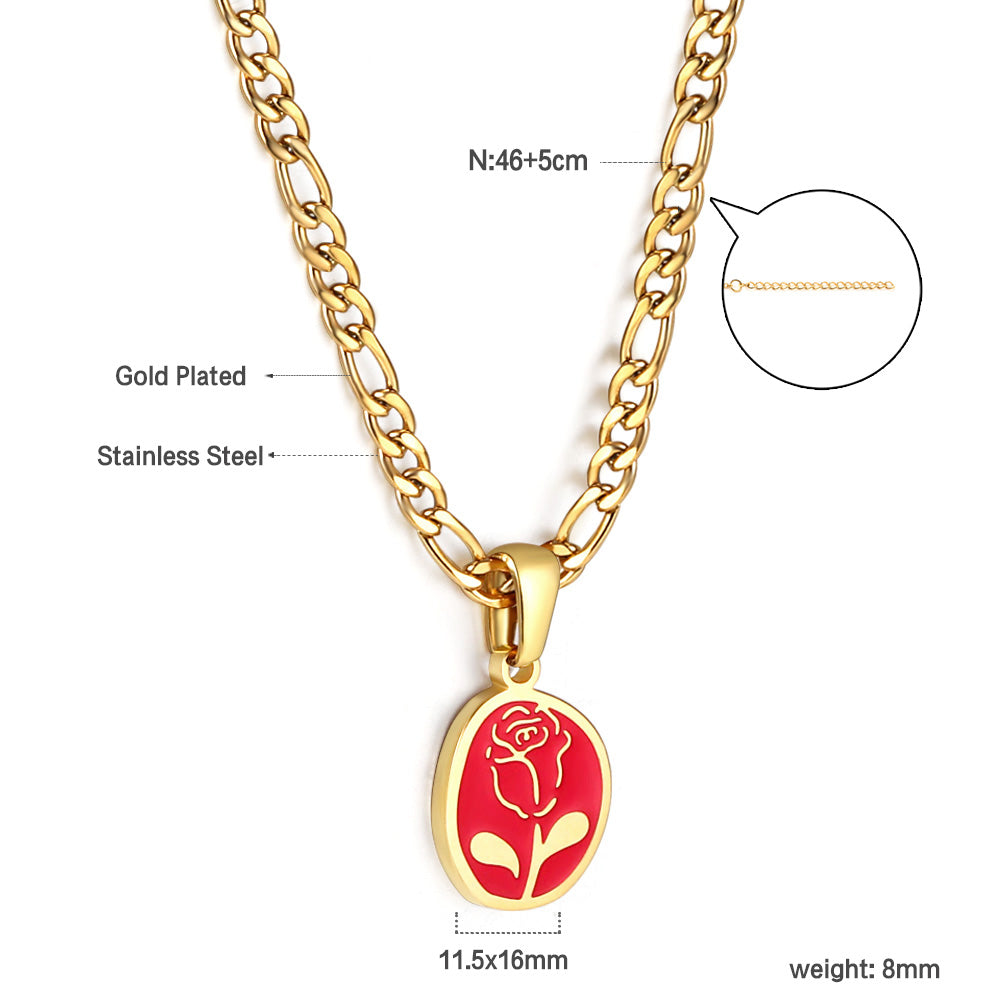 Oval Red Oil Drip with Rose Pendant Necklace 46+5cm Gold asonjewelry