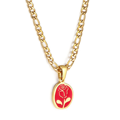 Oval Red Oil Drip with Rose Pendant Necklace 46+5cm Gold asonjewelry
