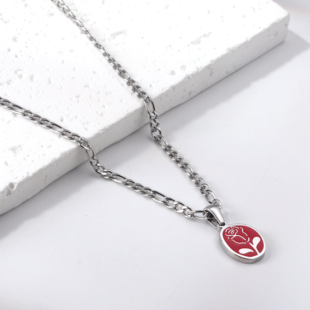 Oval Red Oil Drip with Rose Pendant Necklace 46+5cm Gold asonjewelry