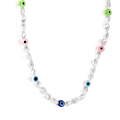 Alien White Pearl + Mixed Color Cat's Eye Necklace 39+5cm Golden asonjewelry