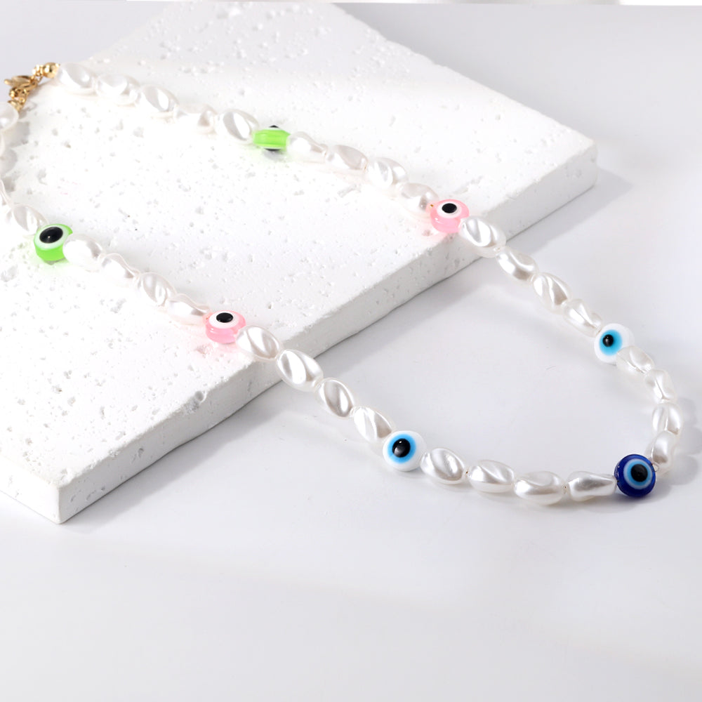 Alien White Pearl + Mixed Color Cat's Eye Necklace 39+5cm Golden asonjewelry