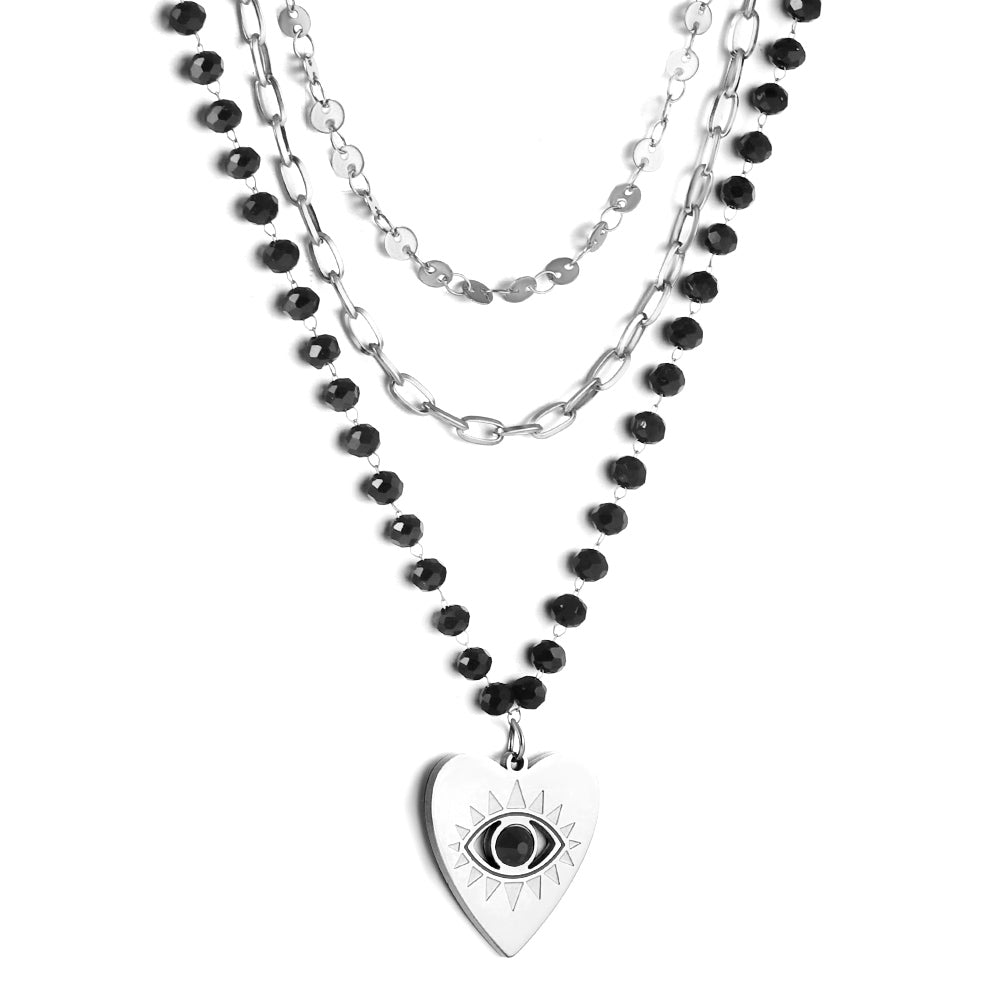 Heart with Black Eye Bead Pendant Black Bead Chain + Matching Chain + Matching Chain Triple Chain 52+44+38+5cm asonjewelry