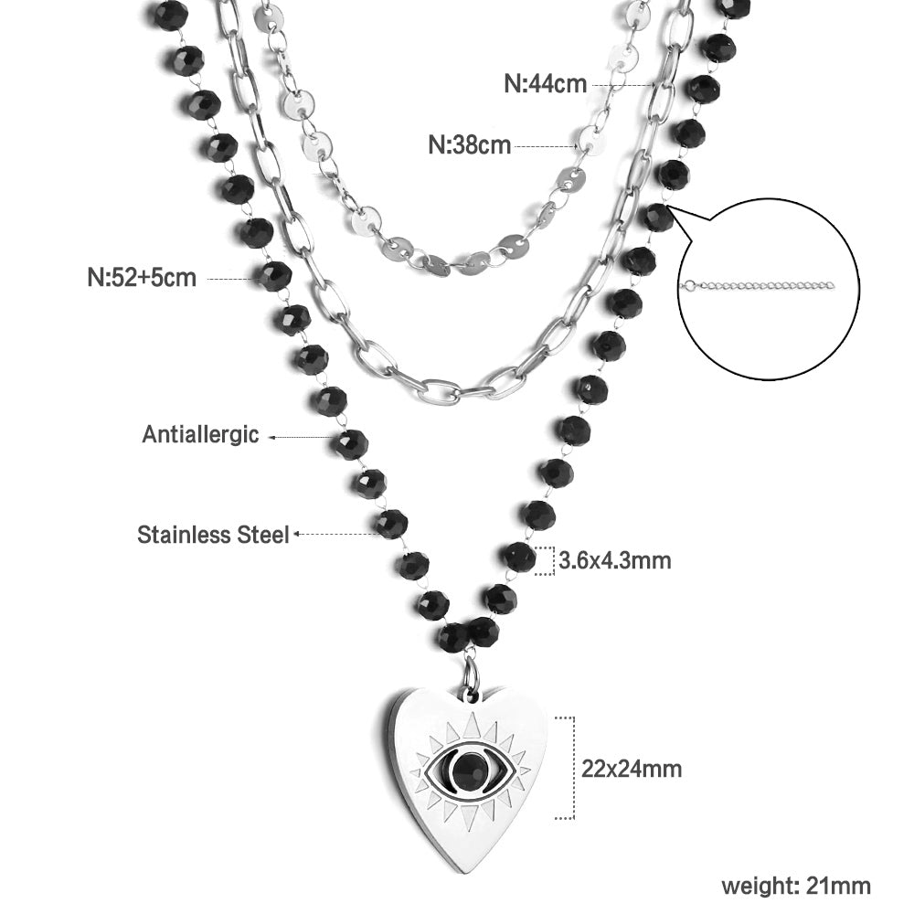 Heart with Black Eye Bead Pendant Black Bead Chain + Matching Chain + Matching Chain Triple Chain 52+44+38+5cm asonjewelry