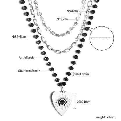 Heart with Black Eye Bead Pendant Black Bead Chain + Matching Chain + Matching Chain Triple Chain 52+44+38+5cm asonjewelry