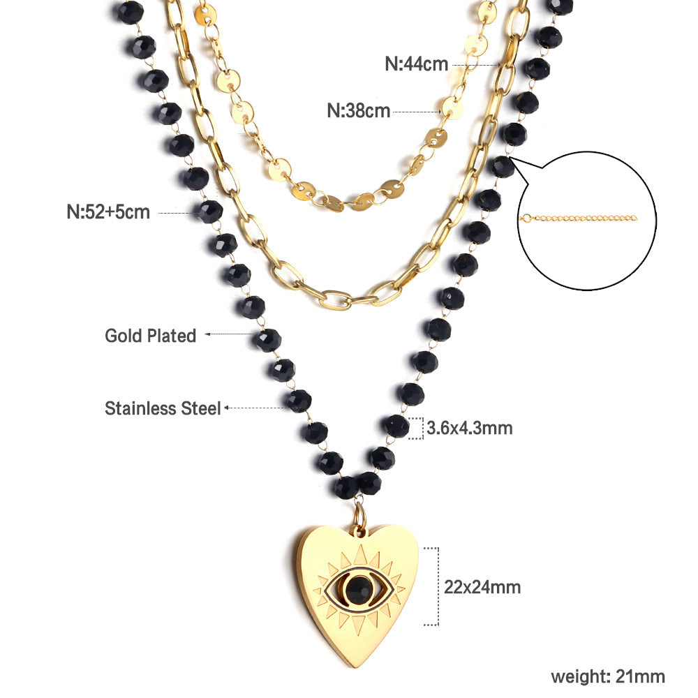 Heart with Black Eye Bead Pendant Black Bead Chain + Matching Chain + Matching Chain Triple Chain 52+44+38+5cm asonjewelry