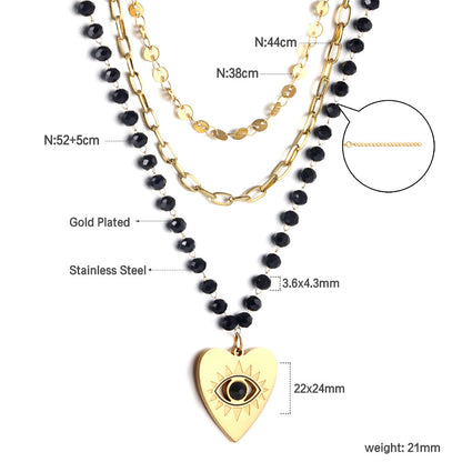 Heart with Black Eye Bead Pendant Black Bead Chain + Matching Chain + Matching Chain Triple Chain 52+44+38+5cm asonjewelry