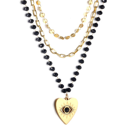 Heart with Black Eye Bead Pendant Black Bead Chain + Matching Chain + Matching Chain Triple Chain 52+44+38+5cm asonjewelry