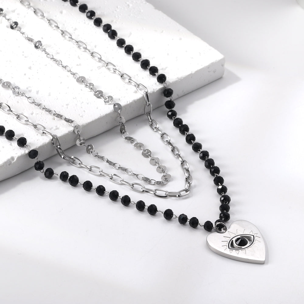 Heart with Black Eye Bead Pendant Black Bead Chain + Matching Chain + Matching Chain Triple Chain 52+44+38+5cm asonjewelry