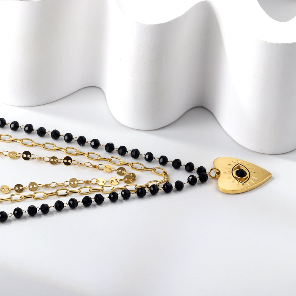 Heart with Black Eye Bead Pendant Black Bead Chain + Matching Chain + Matching Chain Triple Chain 52+44+38+5cm asonjewelry
