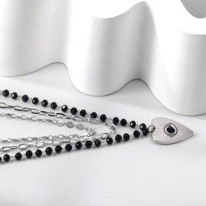 Heart with Black Eye Bead Pendant Black Bead Chain + Matching Chain + Matching Chain Triple Chain 52+44+38+5cm asonjewelry