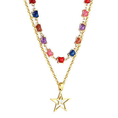 Star with White Oil Drops Star Pendant Black Bead Chain + Mixed Color Butterfly Shaped Double Chain 48+38+5cm asonjewelry