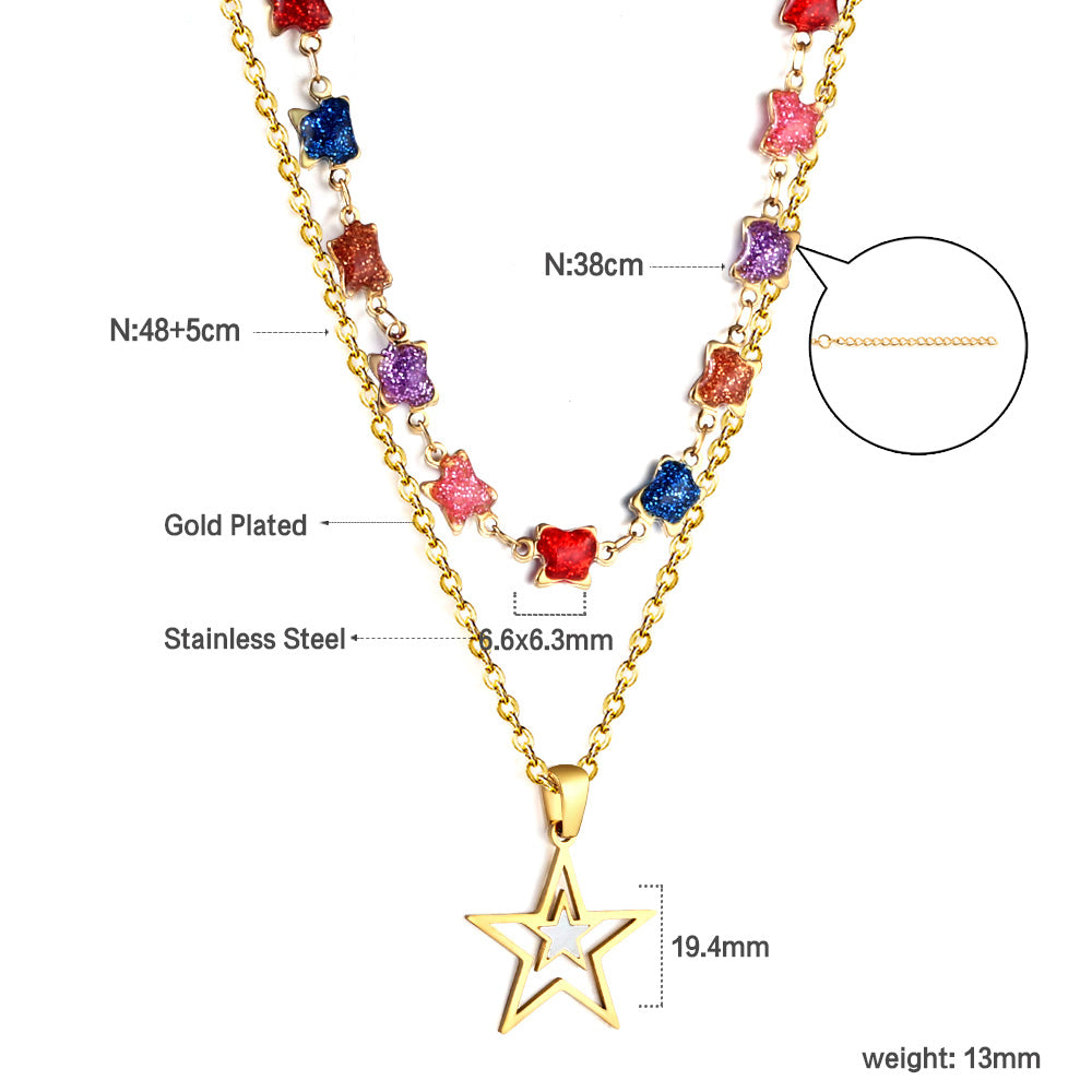 Star with White Oil Drops Star Pendant Black Bead Chain + Mixed Color Butterfly Shaped Double Chain 48+38+5cm asonjewelry
