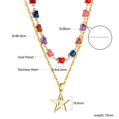 Star with White Oil Drops Star Pendant Black Bead Chain + Mixed Color Butterfly Shaped Double Chain 48+38+5cm asonjewelry
