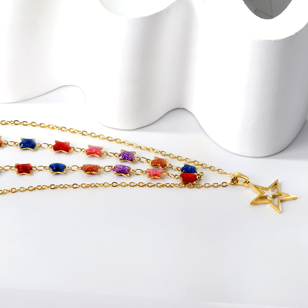 Star with White Oil Drops Star Pendant Black Bead Chain + Mixed Color Butterfly Shaped Double Chain 48+38+5cm asonjewelry