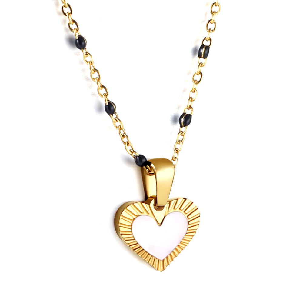 Heart shaped white oil drop pendant + black bead necklace 48+5cm asonjewelry