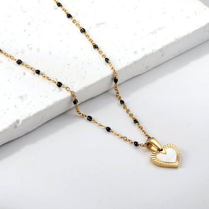 Heart shaped white oil drop pendant + black bead necklace 48+5cm asonjewelry