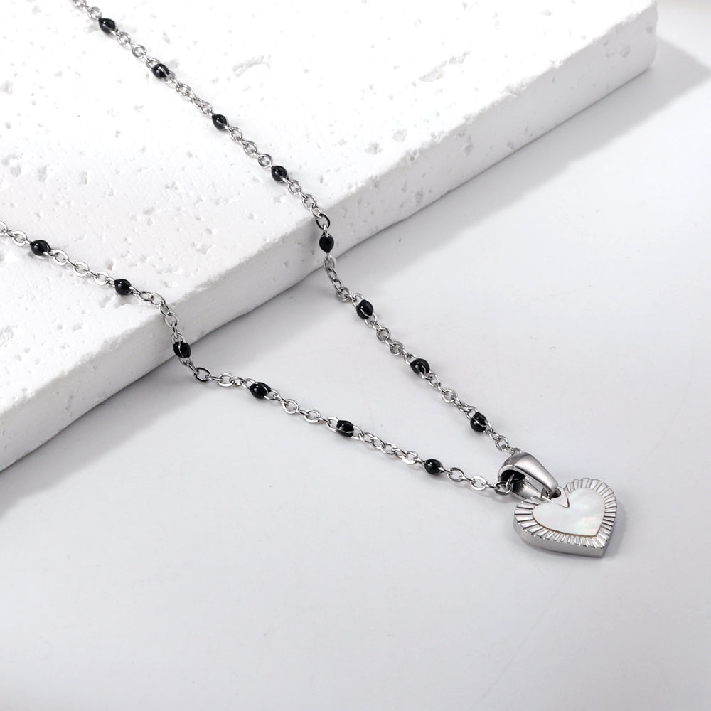 Heart shaped white oil drop pendant + black bead necklace 48+5cm asonjewelry
