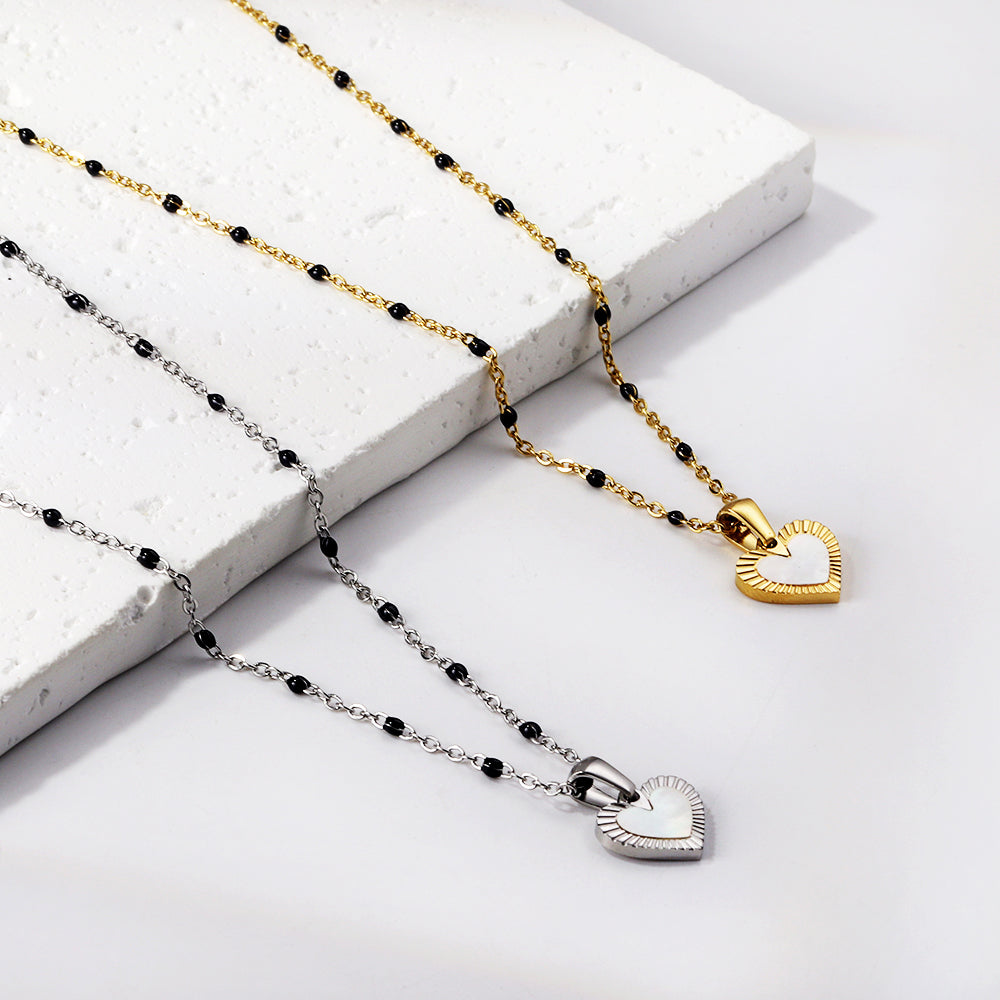 Heart shaped white oil drop pendant + black bead necklace 48+5cm asonjewelry