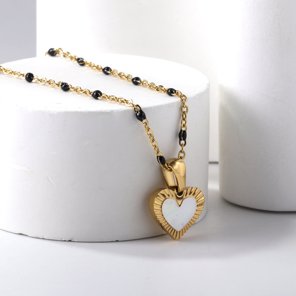Heart shaped white oil drop pendant + black bead necklace 48+5cm asonjewelry
