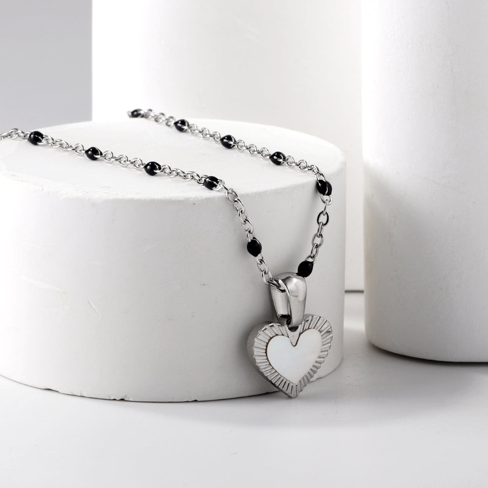 Heart shaped white oil drop pendant + black bead necklace 48+5cm asonjewelry