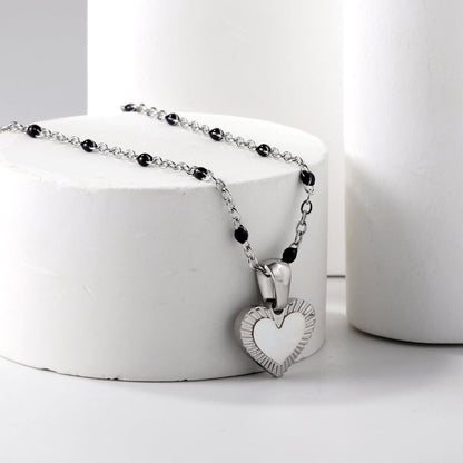 Heart shaped white oil drop pendant + black bead necklace 48+5cm asonjewelry