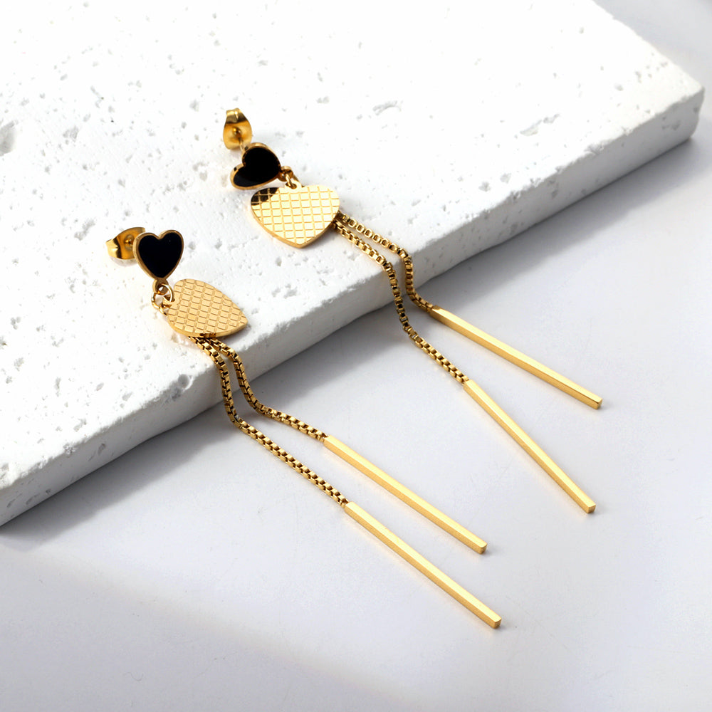 Black oil drop heart + heart + two rectangular bar earrings in 18k gold asonjewelry
