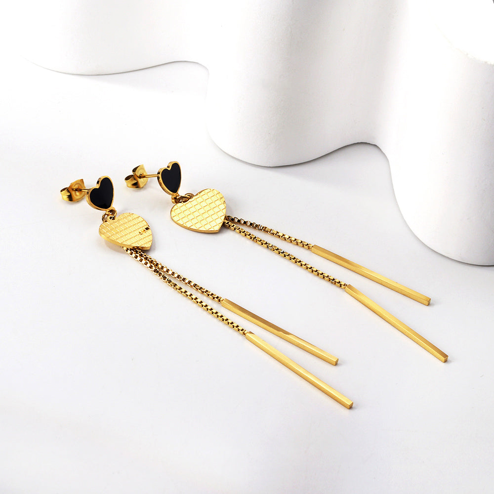 Black oil drop heart + heart + two rectangular bar earrings in 18k gold asonjewelry